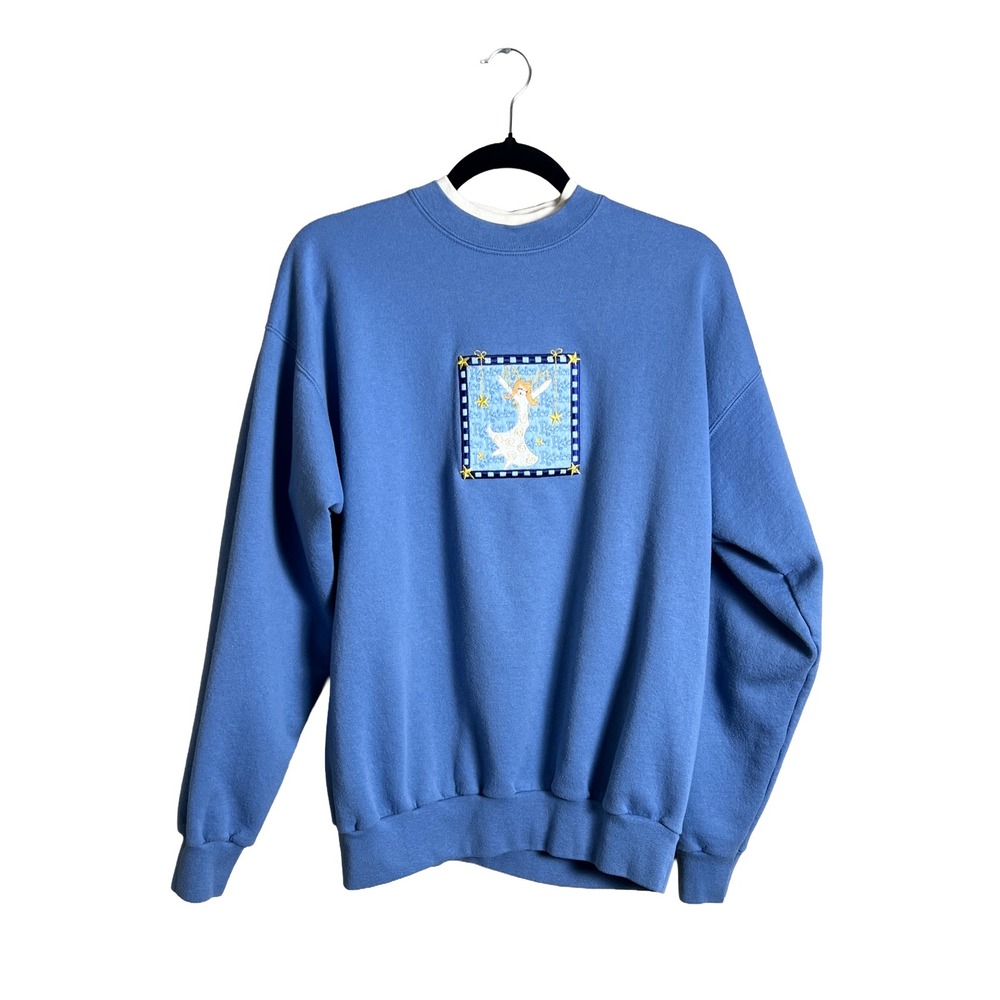 Vintage 90s Angel Embroidered‎ Sweatshirt Blue Double Collar Large